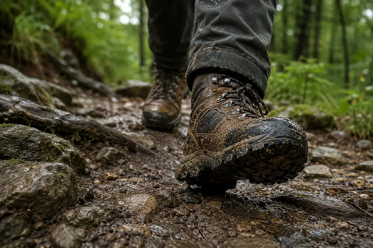 Hiking boots stepping across wet rocks and mud on a steep forest trail