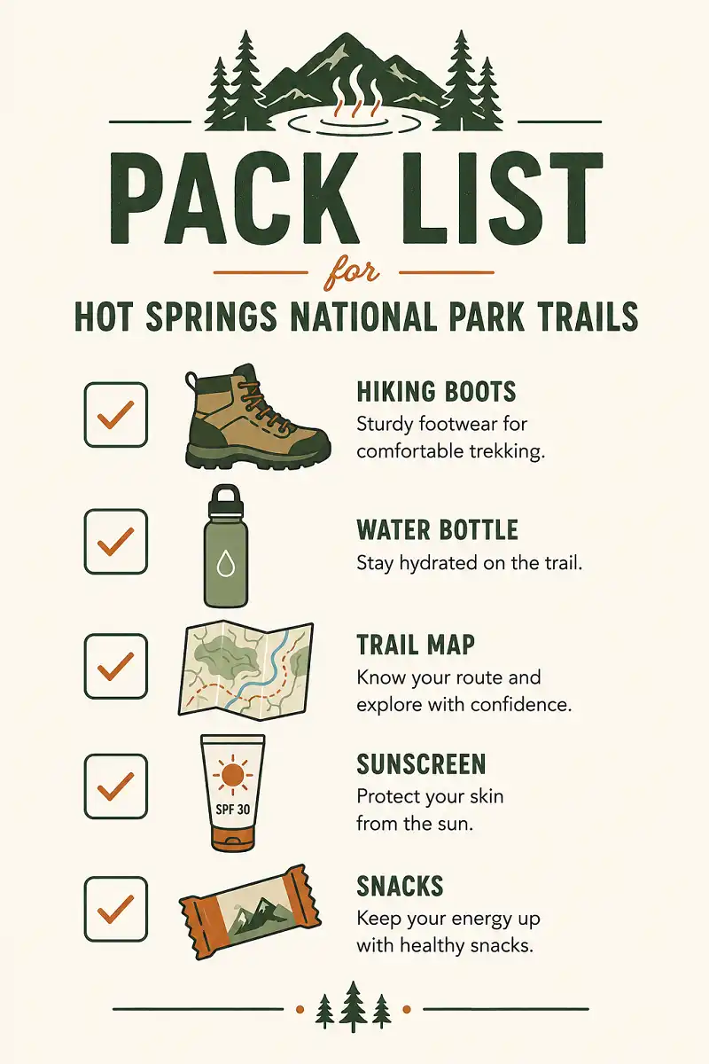 Infographic checklist of essential gear for hiking Hot Springs National Park including water, boots, map, and snacks