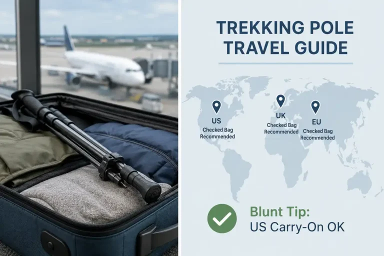 Infographic showing hiking pole airline and airport carry-on rules across different countries