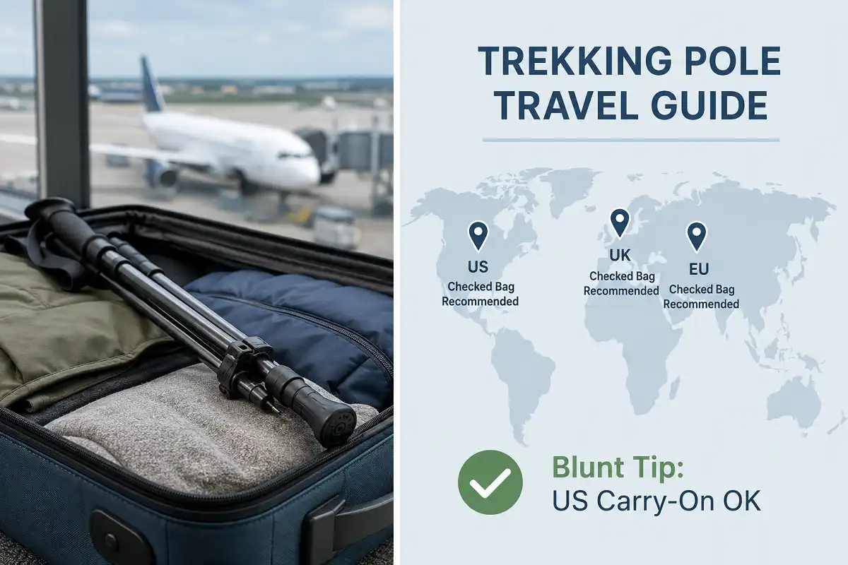 Infographic showing hiking pole airline and airport carry-on rules across different countries