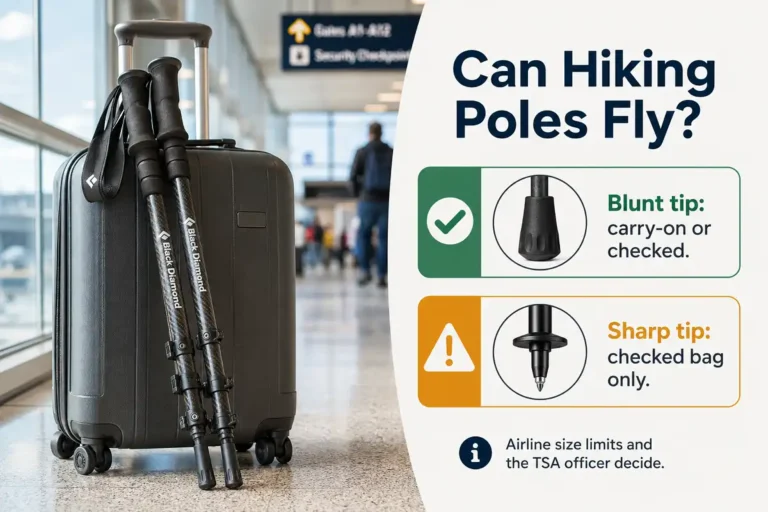 Trekking poles beside a carry-on suitcase and a checked bag with labels showing blunt tips allowed in the cabin and sharp tips in checked luggage
