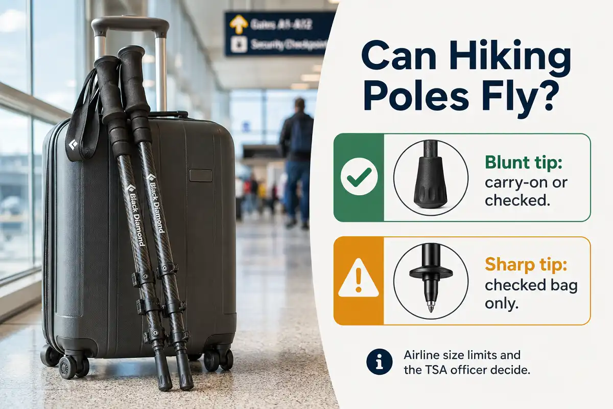 Trekking poles beside a carry-on suitcase and a checked bag with labels showing blunt tips allowed in the cabin and sharp tips in checked luggage