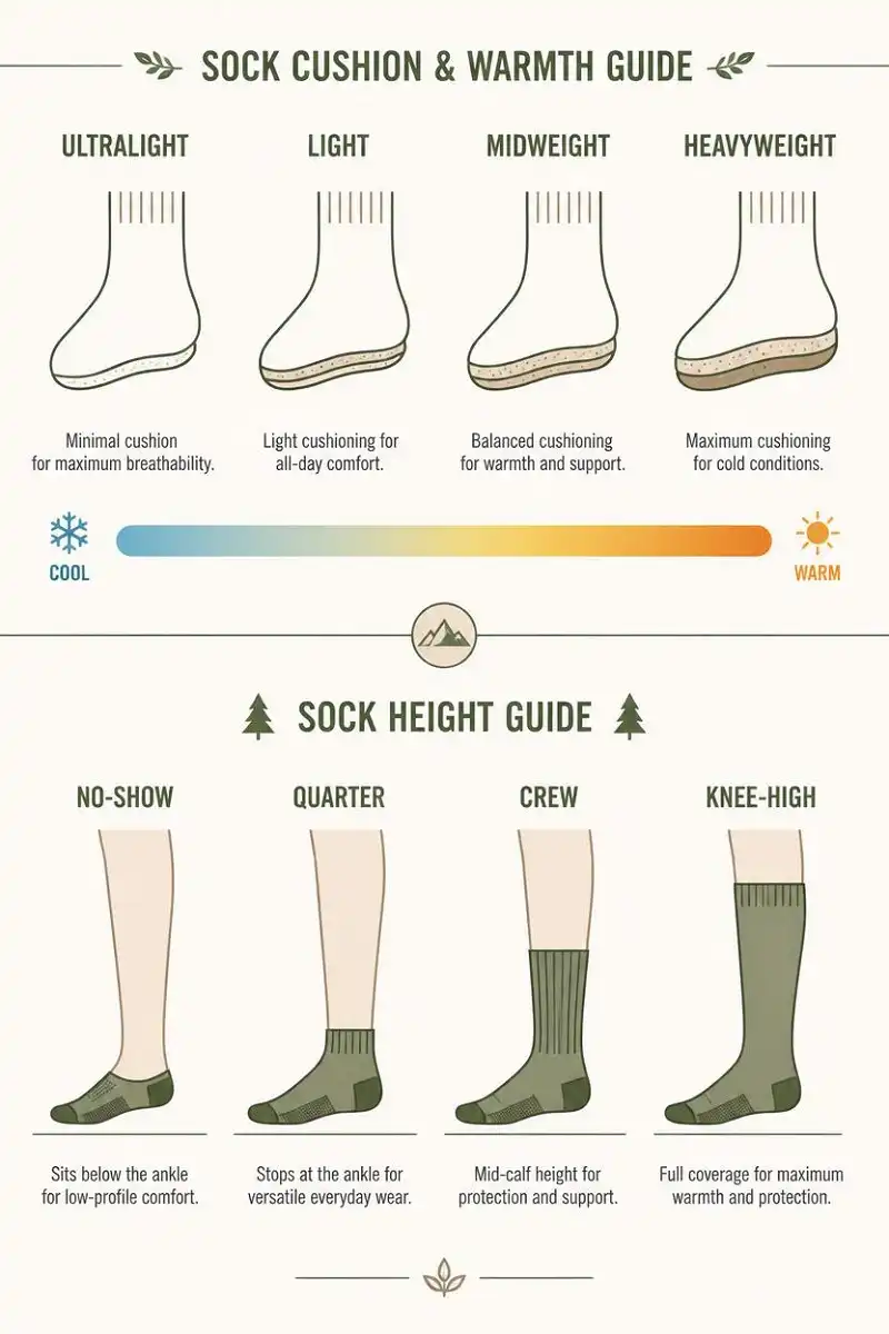 Chart of hiking sock cushion levels from ultralight to heavyweight and sock heights from no show to knee high