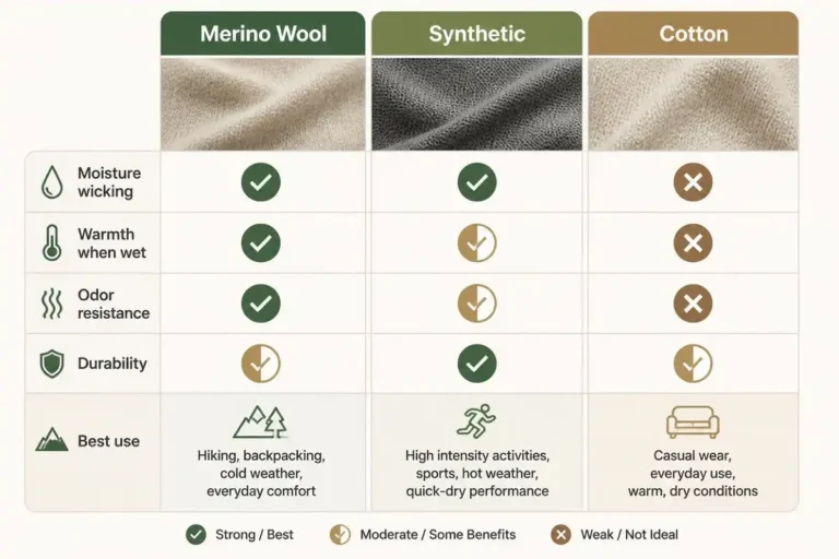 Comparison chart of merino wool, synthetic, and cotton hiking socks rated for moisture wicking, warmth when wet, odor resistance, and durability