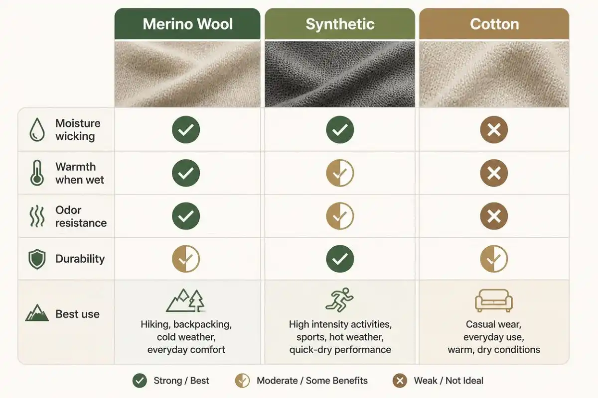 Comparison chart of merino wool, synthetic, and cotton hiking socks rated for moisture wicking, warmth when wet, odor resistance, and durability