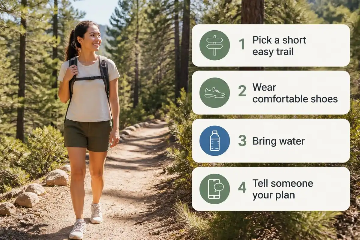 Infographic showing the direct answer to how do I start hiking, with a beginner hiker on a trail and icons for shoes, water, and a marked map