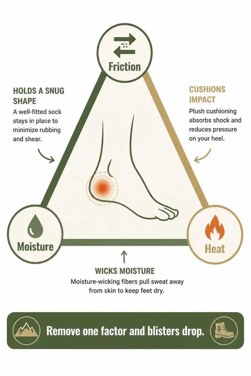 Diagram showing blisters form from friction, heat, and moisture together, with hiking socks reducing all three