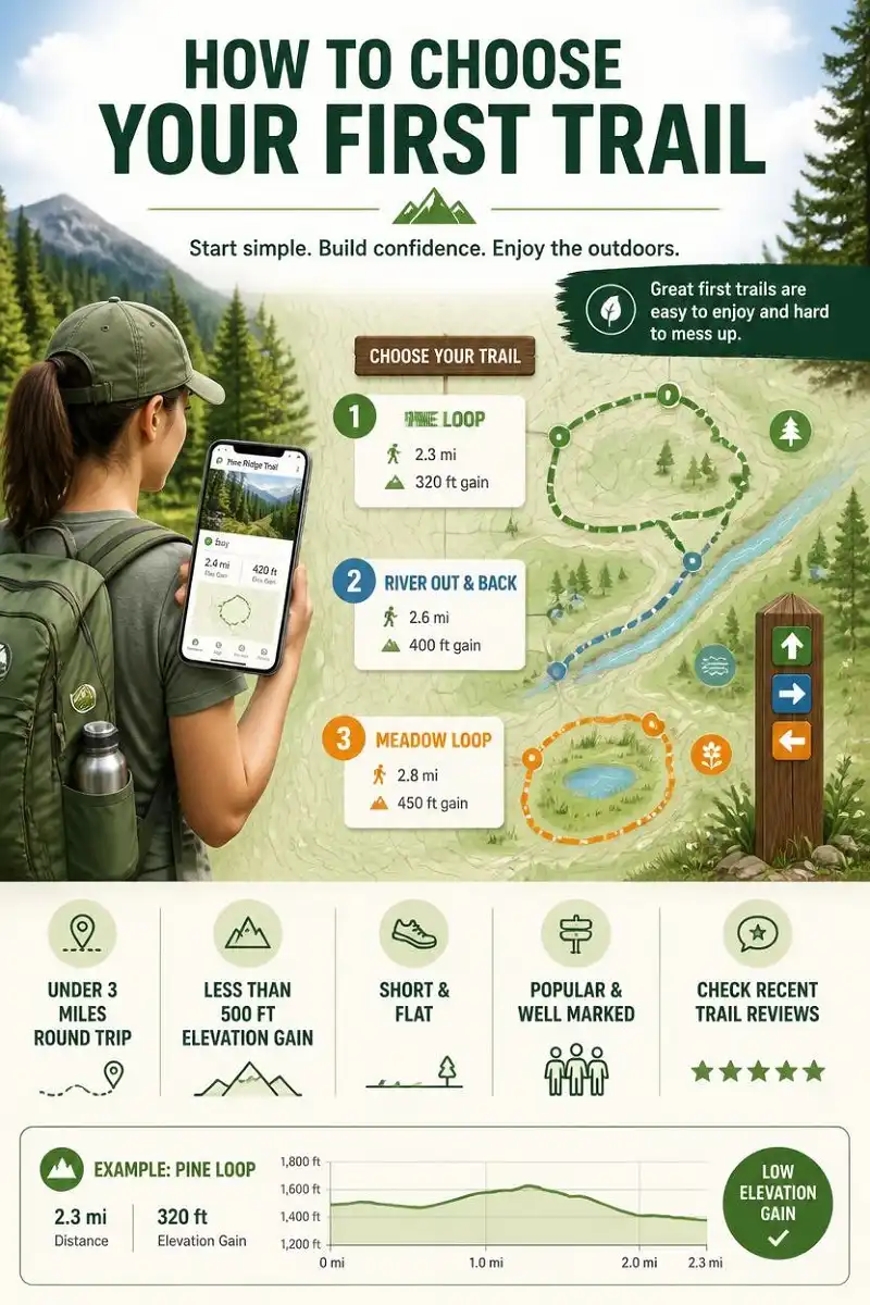 Infographic showing how beginners can choose a first hiking trail using short distance, low elevation gain, clear markers, recent reviews, and loop or out and back routes.