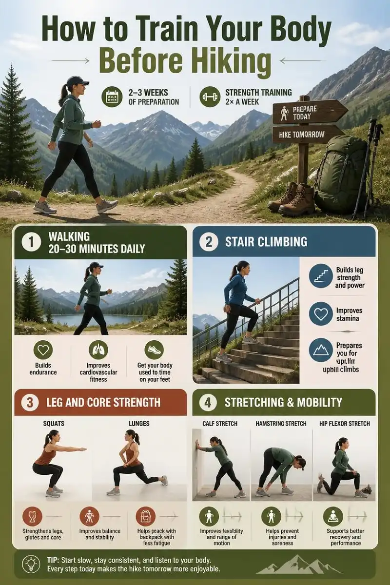 Infographic showing walking, stair climbing, strength exercises, and stretching to prepare the body for hiking.