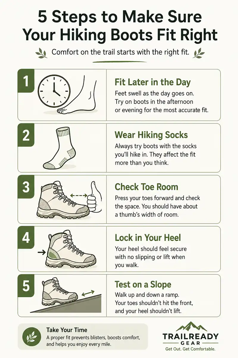 Step by step guide showing how to check toe room heel hold and sock choice when fitting hiking boots