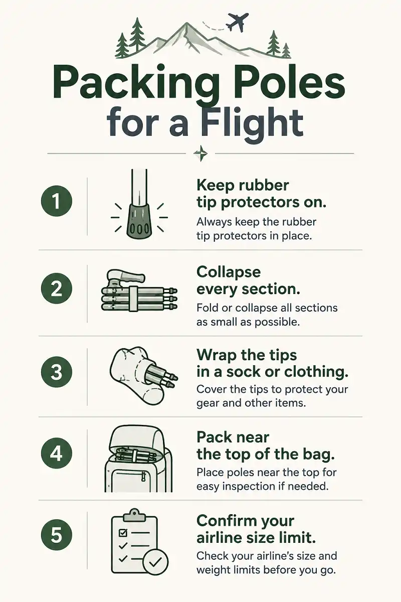 Checklist showing rubber tips on, poles collapsed, tips wrapped in clothing, poles packed near the top, and airline size confirmed