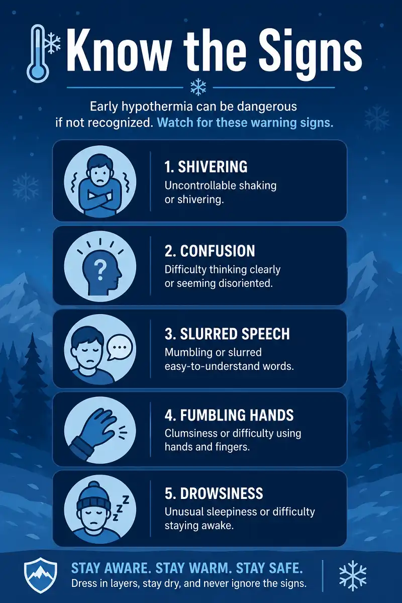 Infographic showing early warning signs of hypothermia for hikers to recognize on the trail