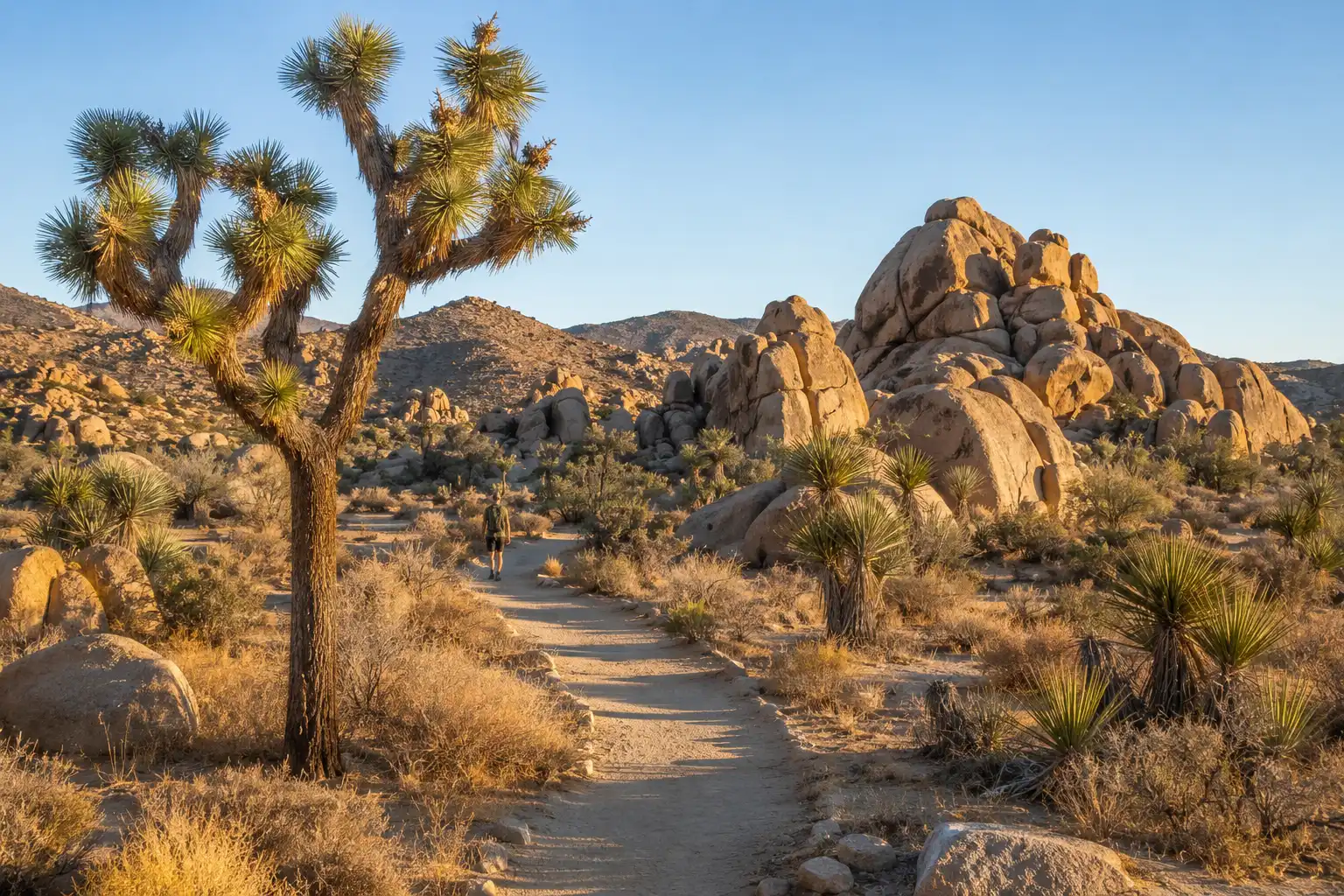 Desert hiking trail winding past Joshua trees and granite boulder piles in Joshua Tree National Park near Palm Springs