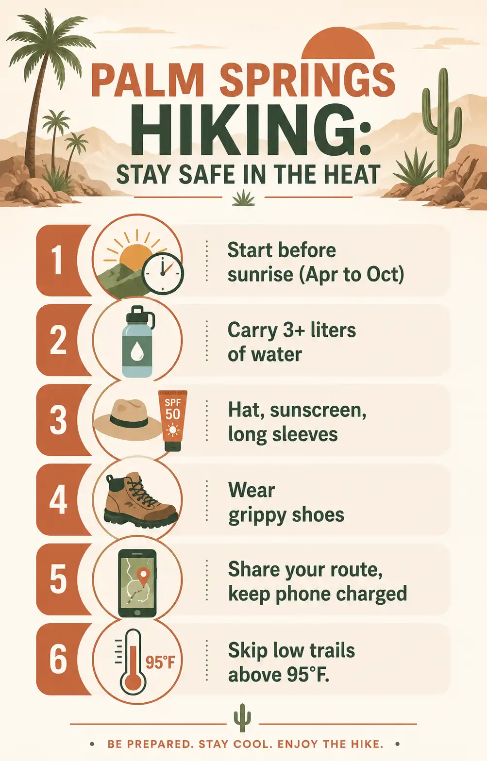 Infographic checklist of heat safety tips for hiking in Palm Springs including water, early starts, and grippy shoes