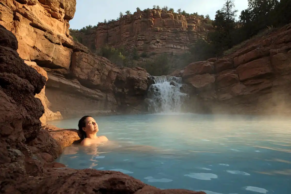 Hiker relaxing in a rock-walled milky blue hot spring pool beside a small waterfall in Diamond Fork Canyon Utah