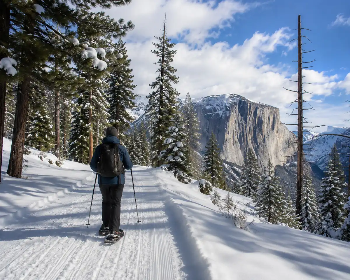 Hiker on snowshoes following a groomed trail toward Dewey Point with El Capitan visible in the distance