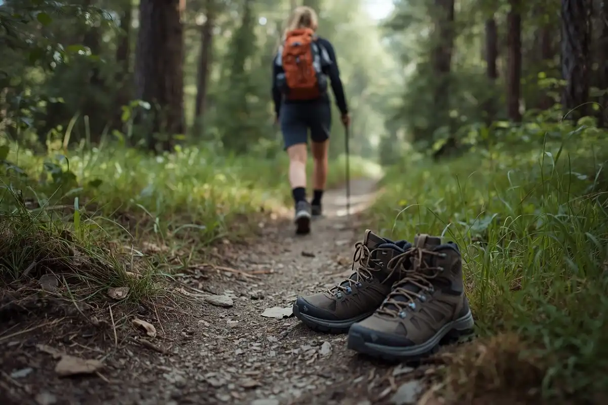 Beginner hiker wearing sturdy trail shoes and hiking socks on a flat, well maintained forest trail