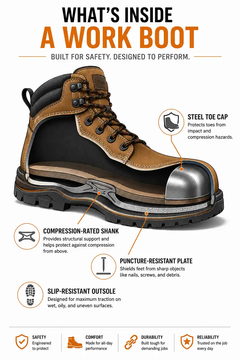 Infographic cross section diagram showing the internal structure of a steel toe work boot including toe cap and compression shank