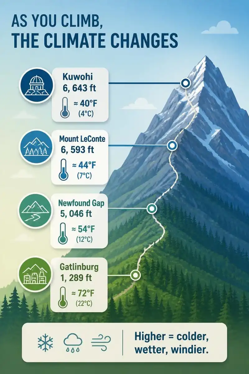 Infographic showing how temperature falls from Gatlinburg town up to Newfound Gap, Mount LeConte, and Kuwohi