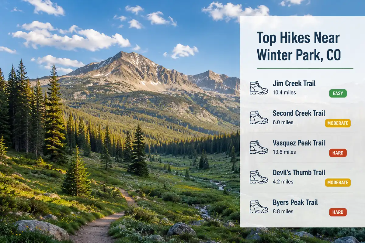 Mountain valley near Winter Park, Colorado with an overview of top nearby hiking trails