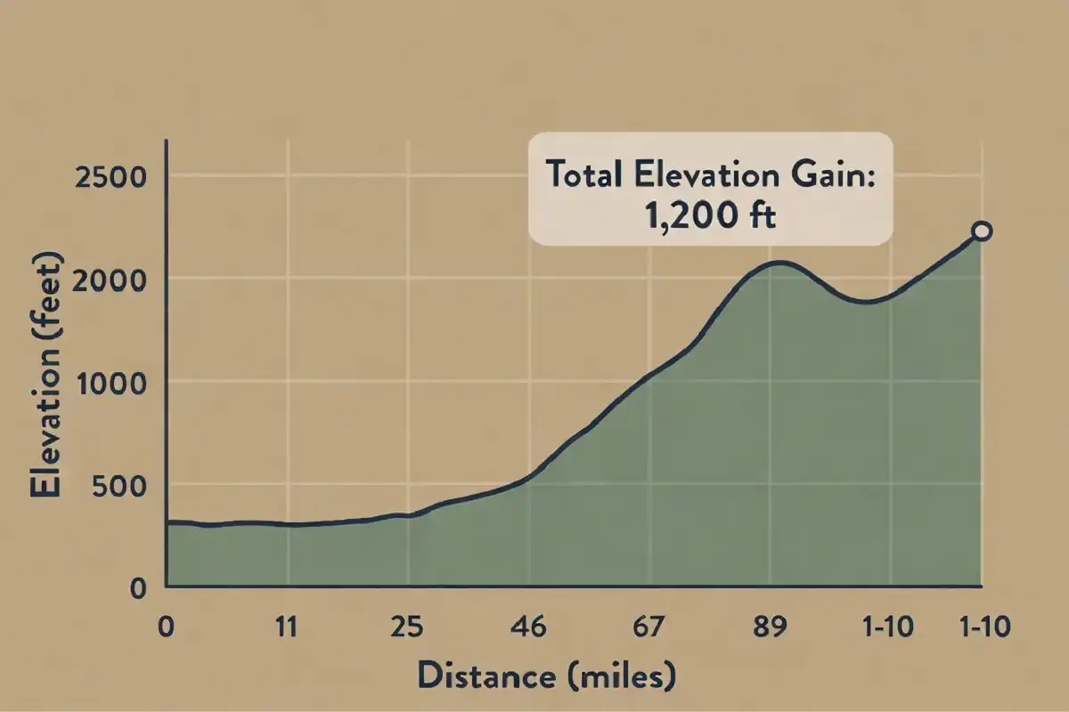 Line chart infographic showing a hiking trail elevation profile with total elevation gain marked across the distance