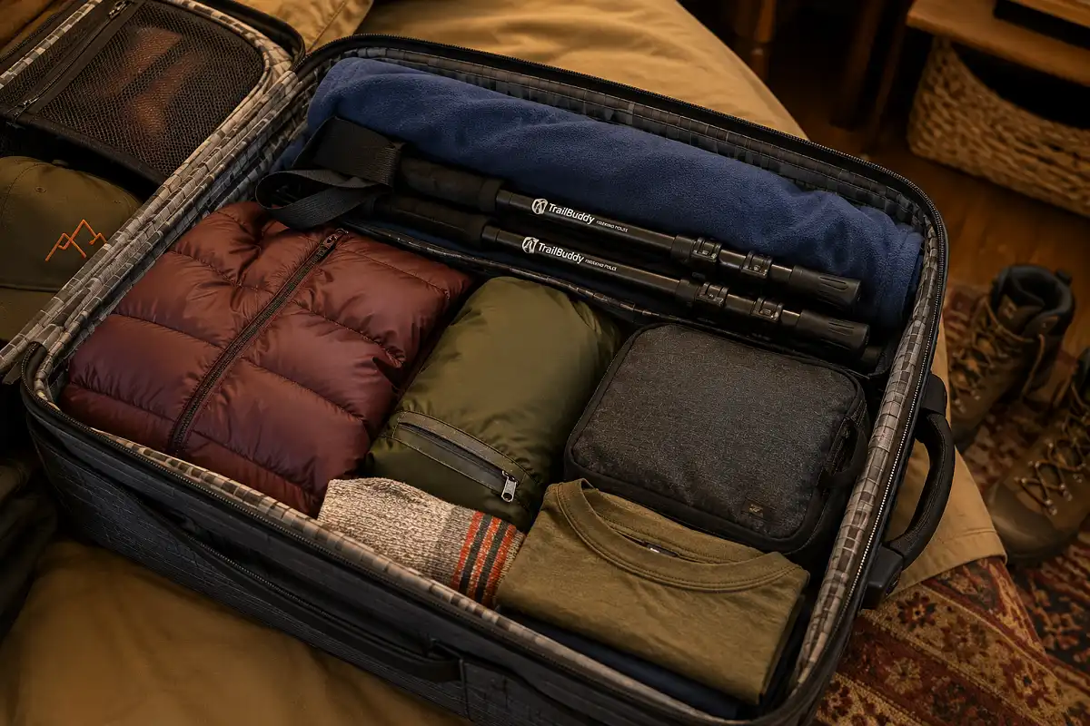 Collapsed trekking poles wrapped in a rolled fleece and laid along the side of an open checked suitcase before a flight
