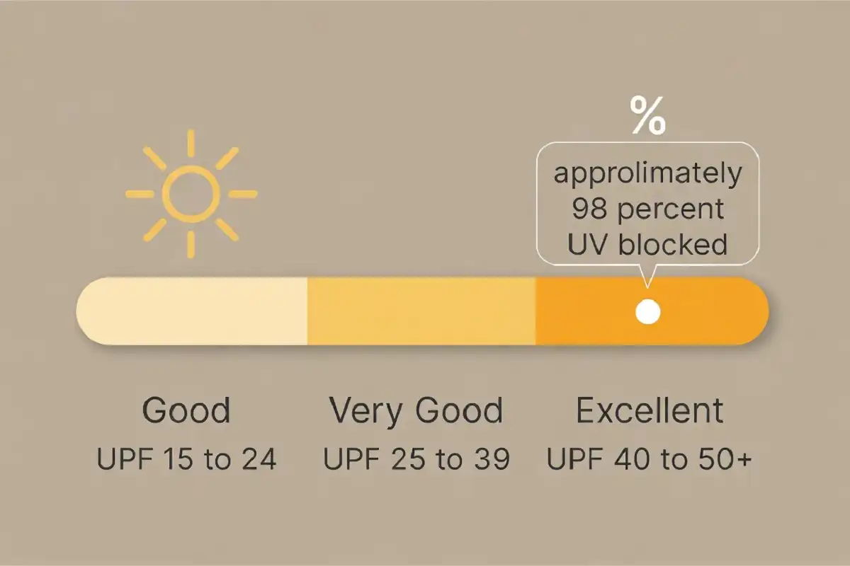 Infographic showing the UPF rating scale from good to excellent and how much UV radiation each level blocks