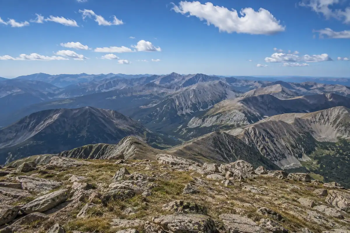 Panoramic alpine view from the rocky summit of Byers Peak near Winter Park, Colorado