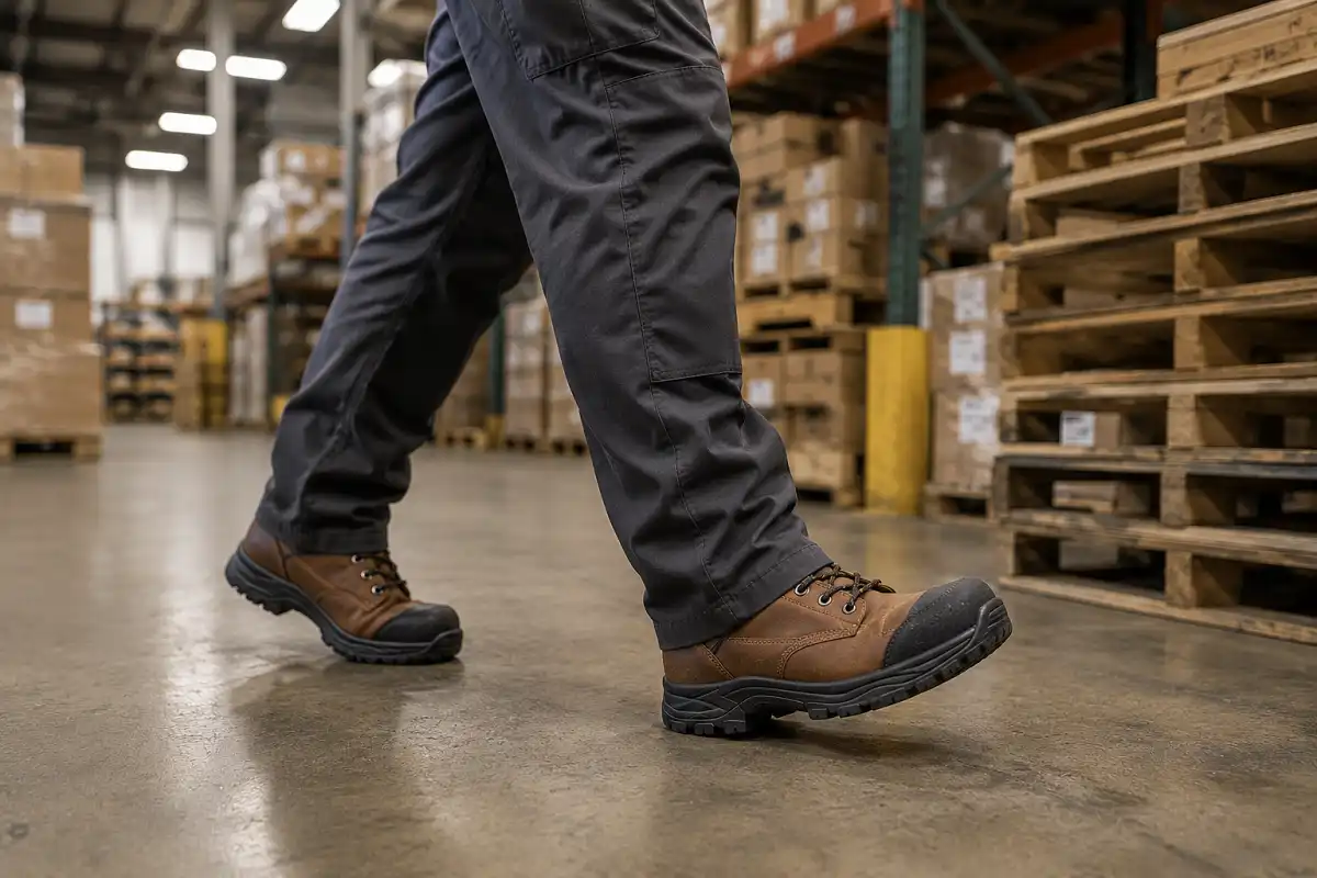 Warehouse worker wearing steel toe safety boots while walking near stacked pallets