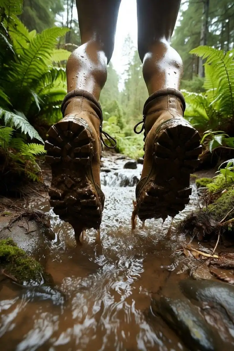 Close-up of waterproof hiking boots stepping through mud and shallow water on a green forest trail