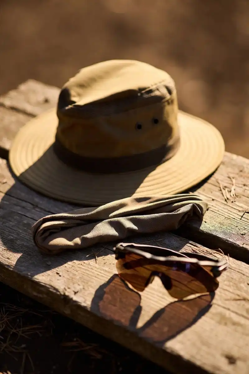 Wide brim hiking hat neck gaiter and UV protective sunglasses arranged on a wooden surface