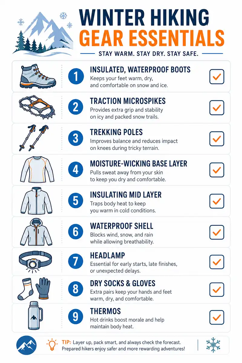 Infographic checklist of essential winter hiking gear including traction devices, layers, and headlamp
