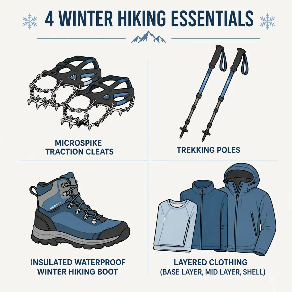 Checklist graphic showing microspikes, trekking poles, insulated boots, and layered clothing for winter hiking