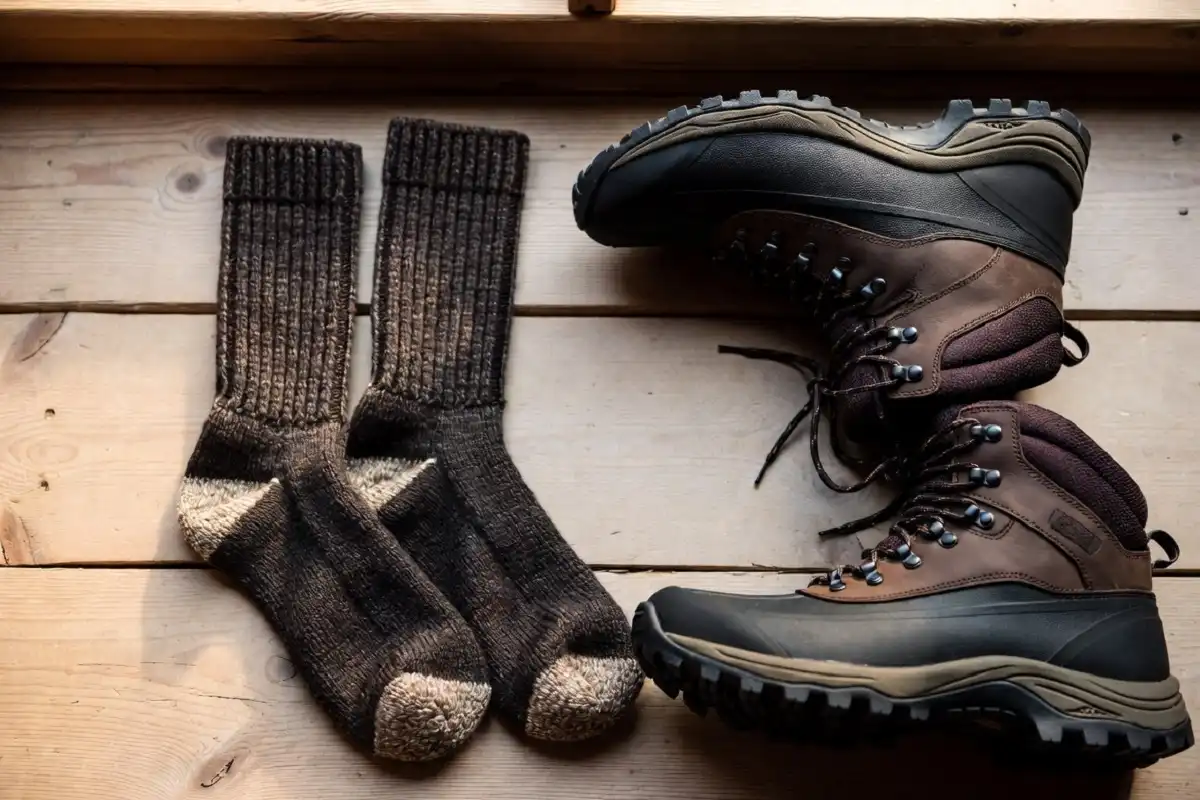Wool hiking socks laid beside insulated waterproof winter hiking boots