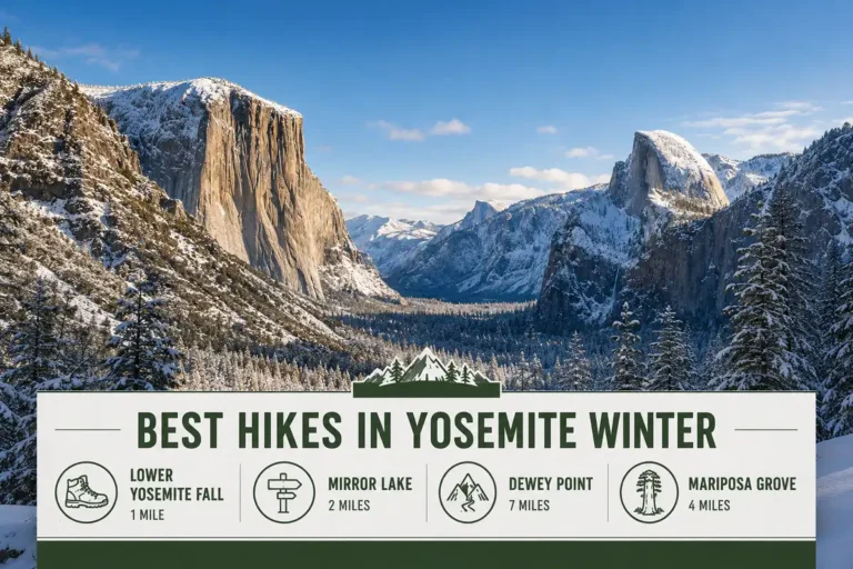 Snow covered Yosemite Valley with Half Dome in the background and icons highlighting top winter hiking trails