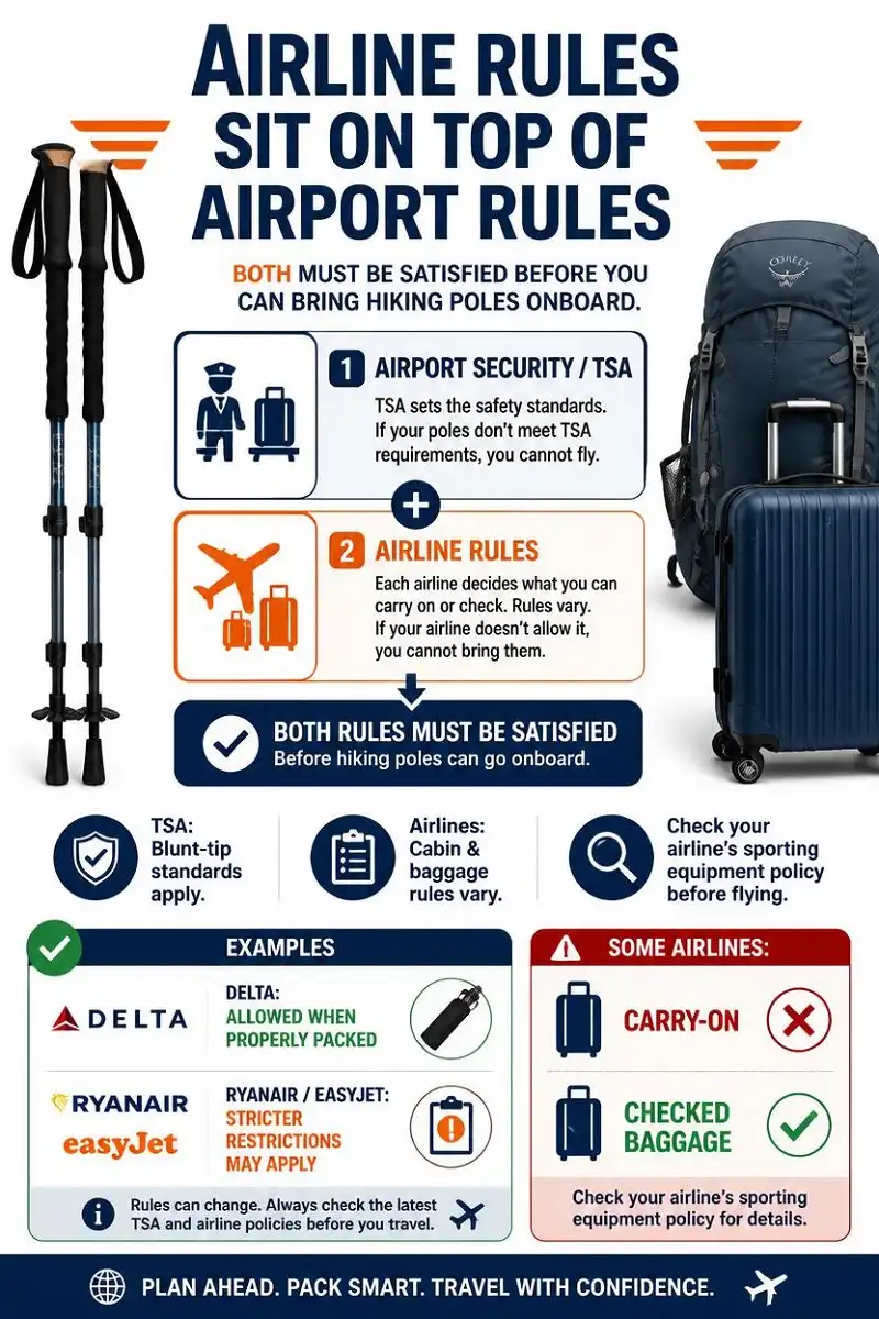 Infographic explaining that TSA airport security rules and individual airline baggage policies both apply to hiking and trekking poles, with some airlines requiring poles to be checked.