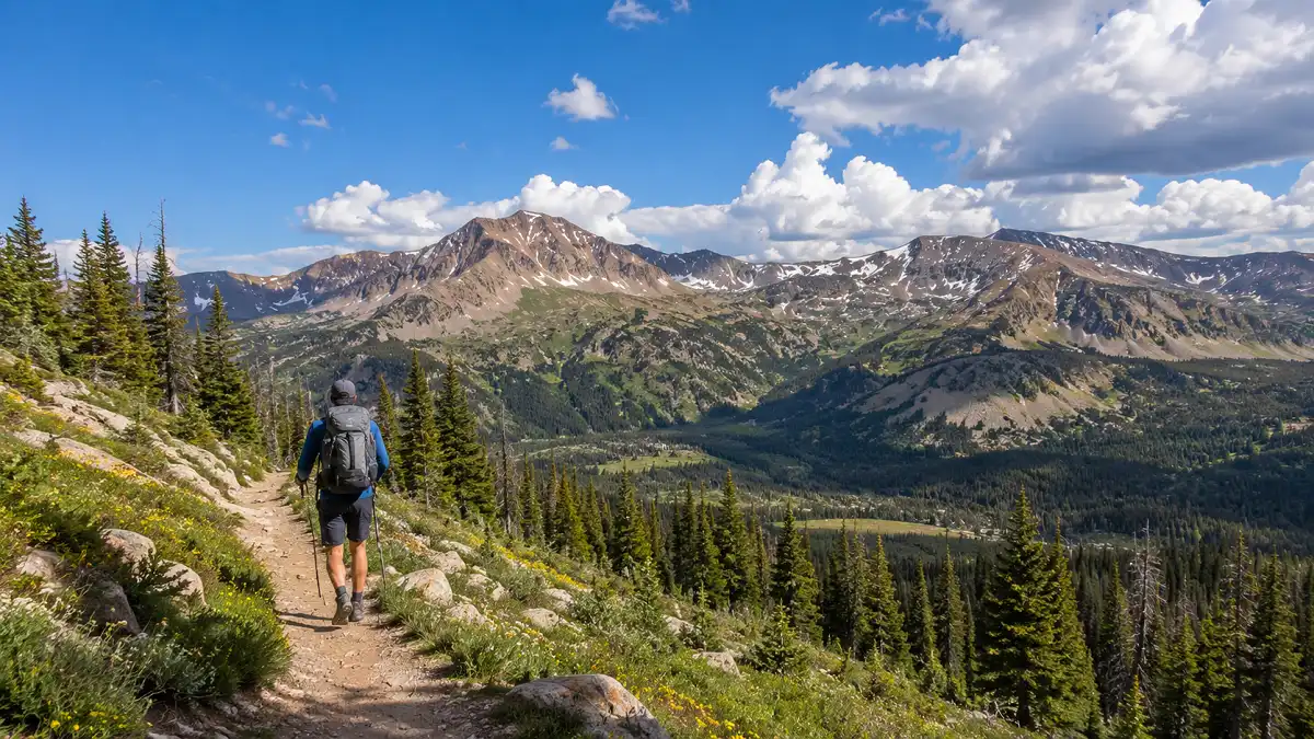 High-elevation hiking trail near Winter Park, Colorado, winding through alpine forest toward scenic Rocky Mountain ridges.