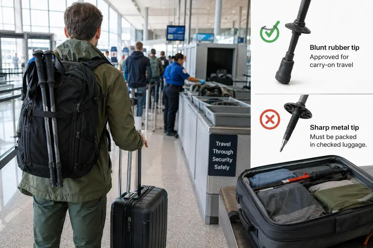 Traveler at an airport security checkpoint with hiking poles, showing the difference between blunt and sharp pole tips for air travel.