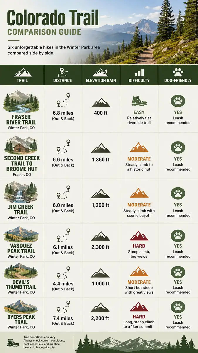 Hiking trail comparison infographic showing distance, elevation gain, difficulty, and dog-friendly information for six Colorado trails.