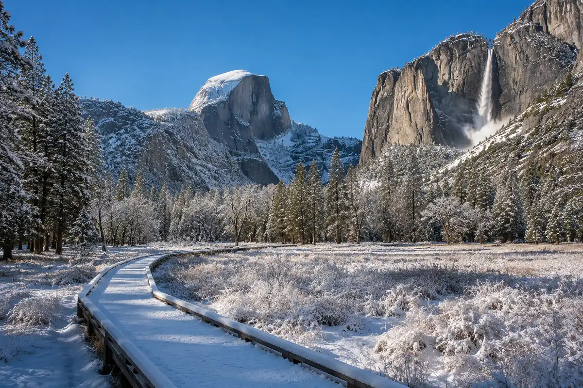Snow-covered Cook's Meadow Loop with a raised boardwalk and views of Half Dome, Sentinel Rock, and Yosemite Falls in Yosemite Valley.