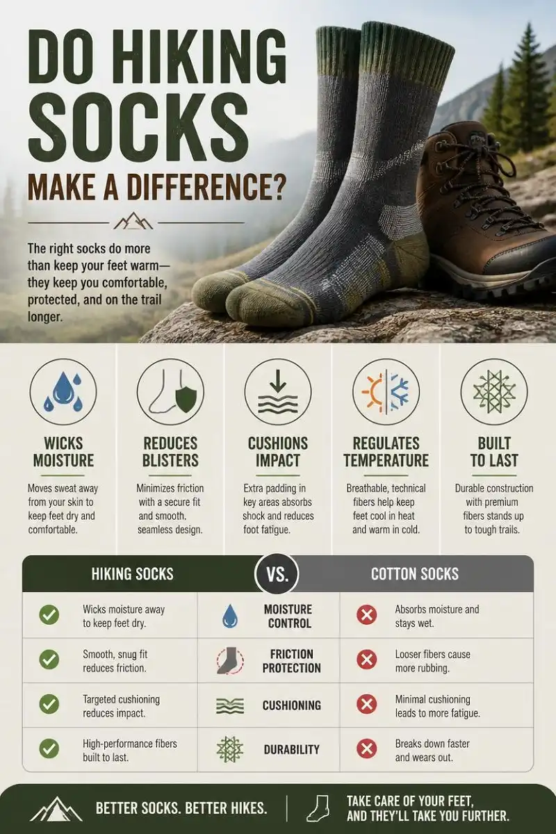 Infographic comparing hiking socks and cotton socks, showing moisture control, blister prevention, cushioning, temperature regulation, and durability benefits.