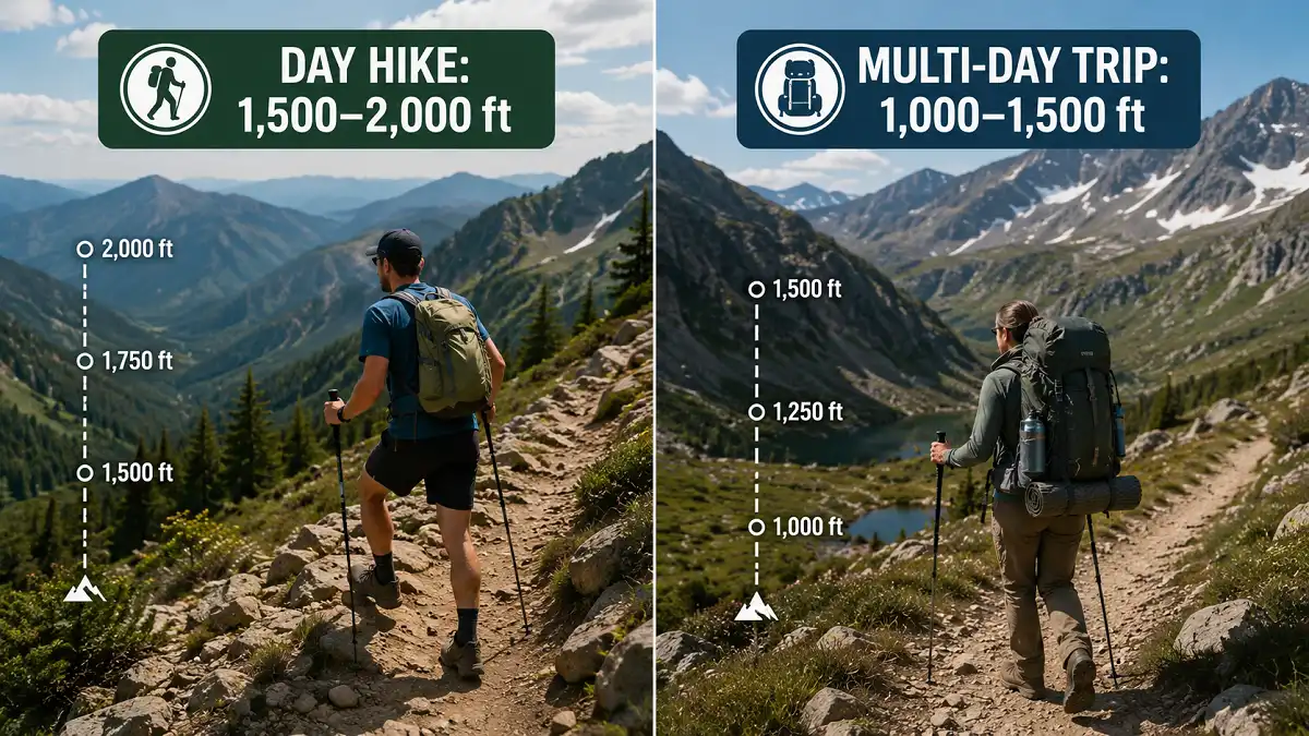 Day hike vs multi-day hike showing recommended elevation gain of 1,500–2,000 feet for day hikes and 1,000–1,500 feet for multi-day trips.