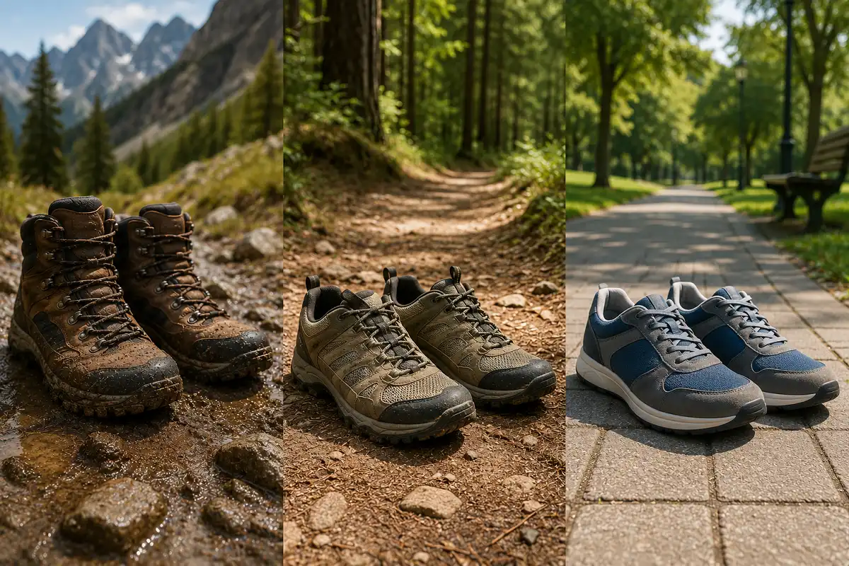 Three types of footwear compared for hiking and walking: boots for rough trails, hiking shoes for mixed terrain, and walking shoes for pavement.