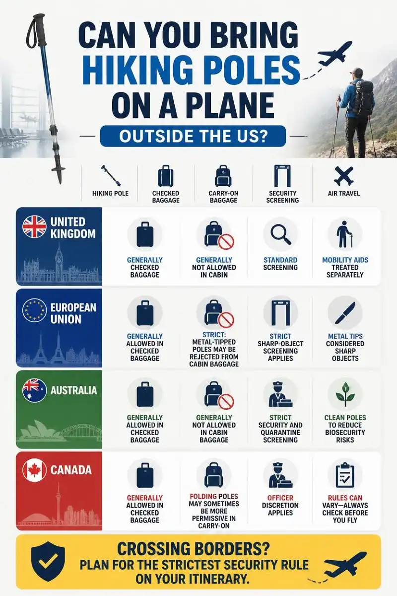Infographic comparing hiking pole airplane security rules in the UK, EU, Australia, and Canada, with checked baggage generally recommended.