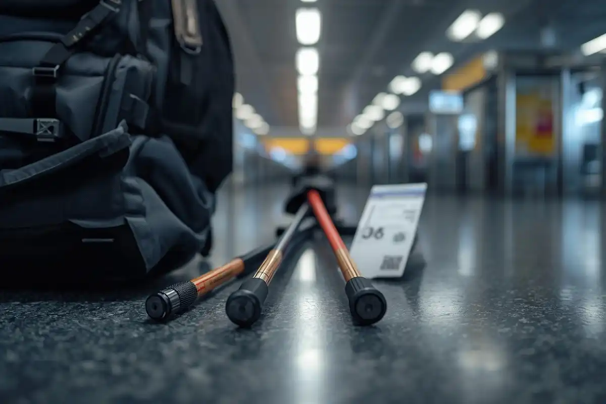 Hiker preparing rubber-tipped hiking poles for airport security and carry-on travel.