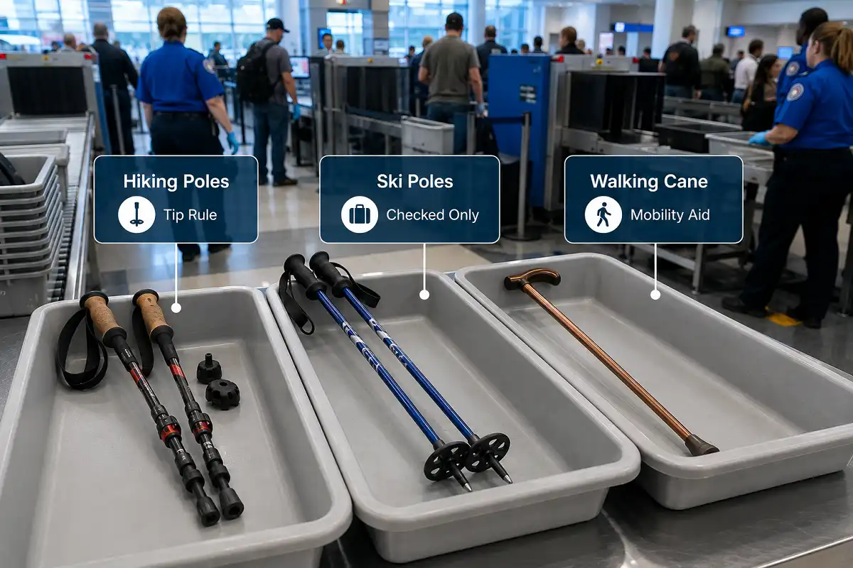 Airport security comparison of hiking poles, ski poles, and a mobility walking cane, showing that each is treated differently at TSA checkpoints.