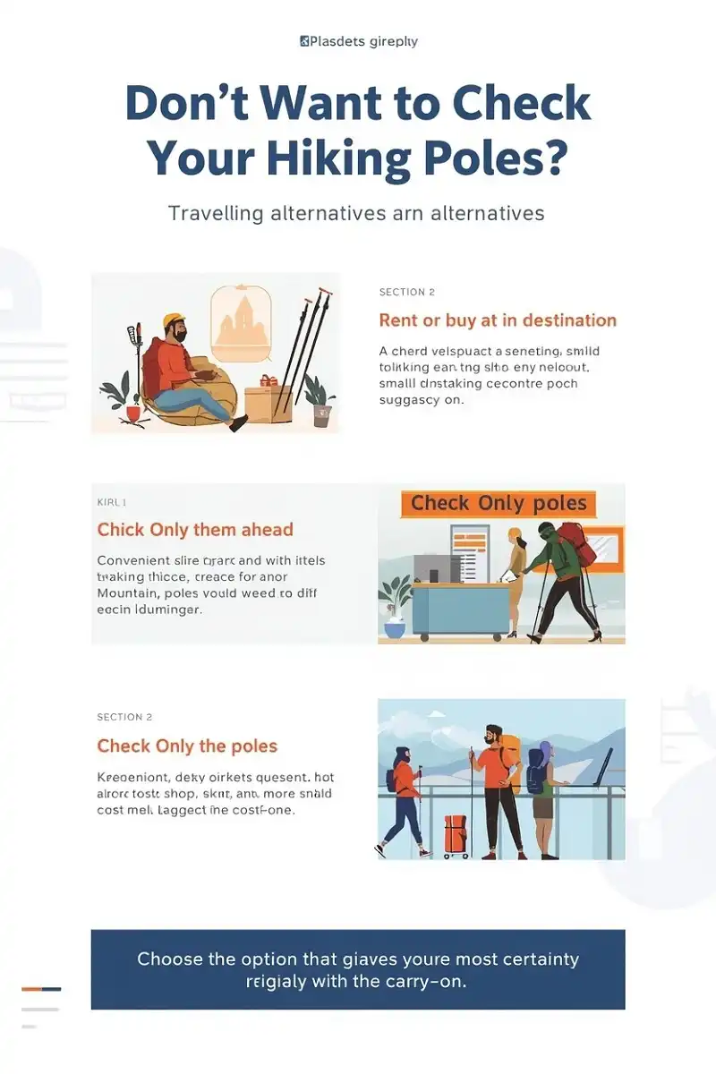 Three alternatives to checking hiking poles: ship them to your hotel, rent or buy them at your destination, or check only the poles in a protective sleeve.