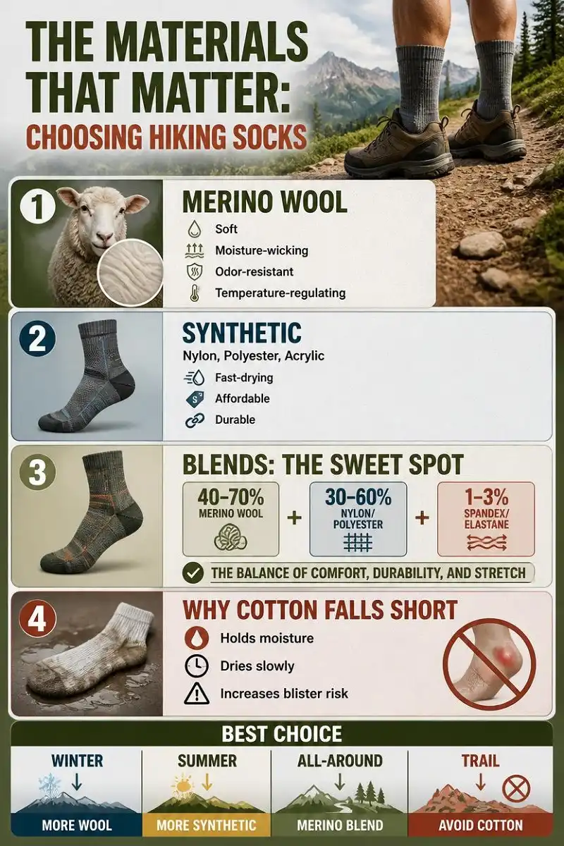 Infographic comparing merino wool, synthetic, blended, and cotton hiking socks, showing their warmth, drying speed, durability, odor control, comfort, and suitability for hiking.