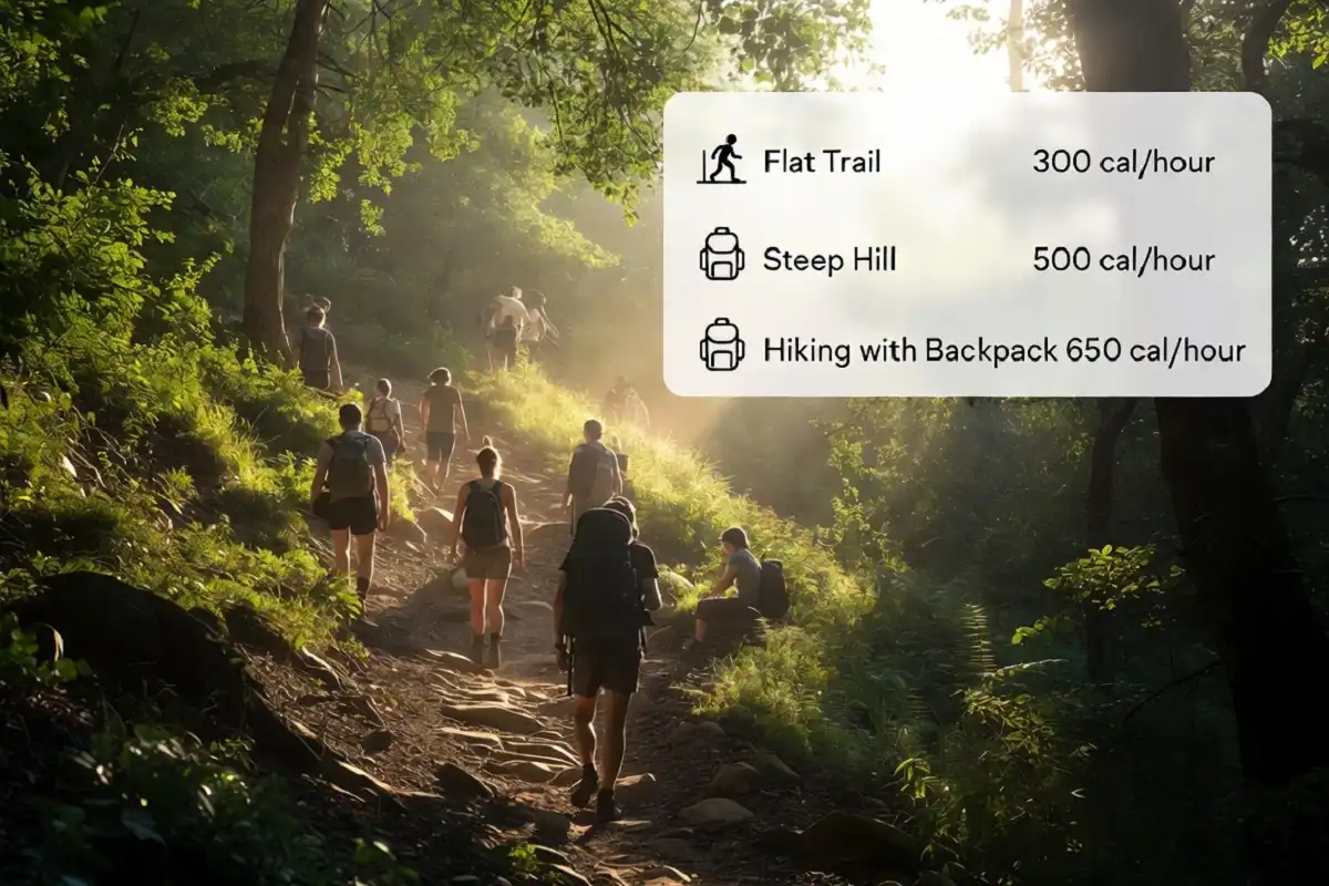 Hikers climbing an uphill forest trail with a calorie burn comparison showing how body weight, elevation, and backpack load affect calories burned while hiking.