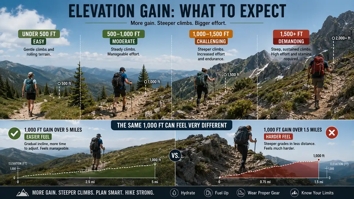 Hiking elevation gain comparison showing easy, moderate, challenging, and demanding climbs, plus how trail distance affects difficulty.